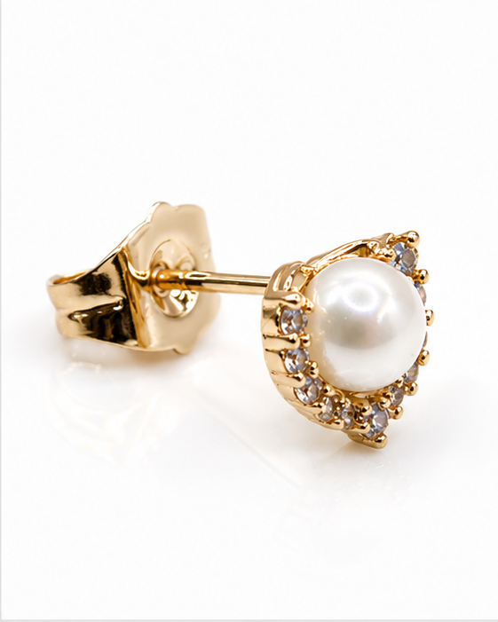 Aretes de Perla con Zirconias Oro Laminado 18K | Broquel Elegante | Princess Magic