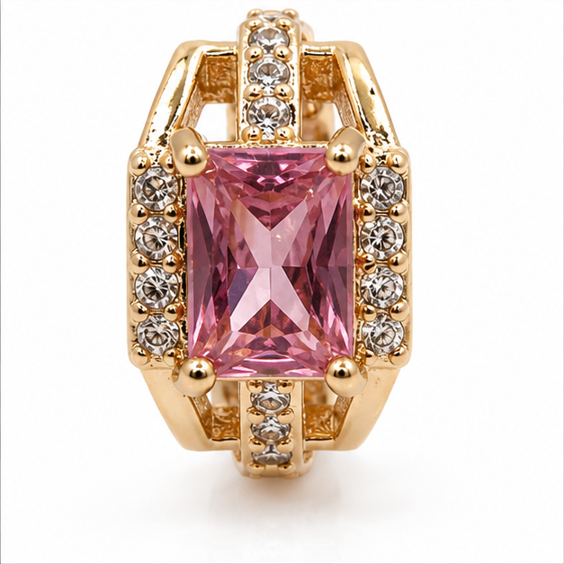 Aretes Huggie con Zirconia Rosa Rectangular Oro Laminado 18K | Princess Magic