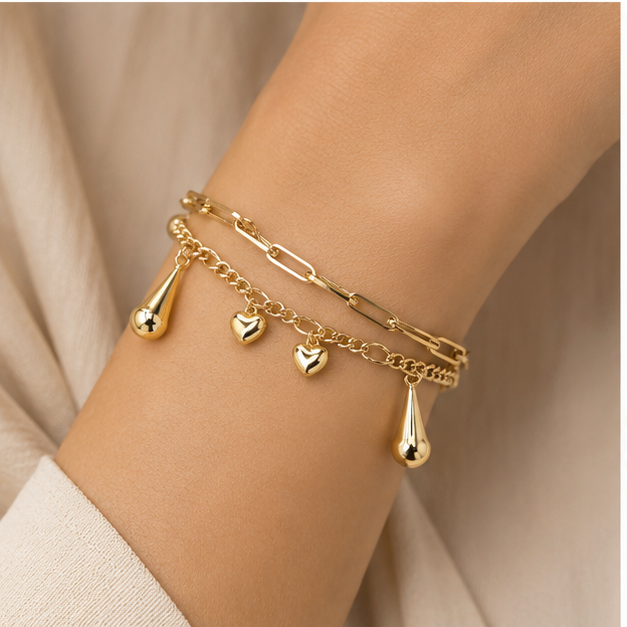 Pulsera Oro Laminado Corazones Colgantes "Amore" | Princess Magic