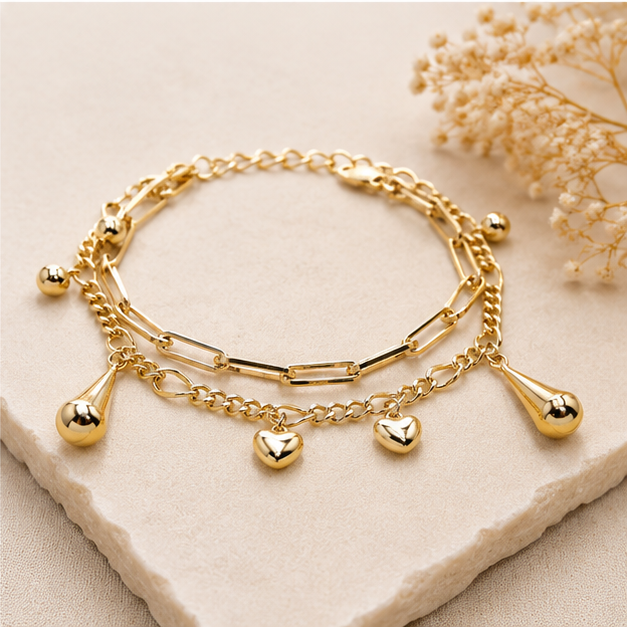 Pulsera Oro Laminado Corazones Colgantes "Amore" | Princess Magic