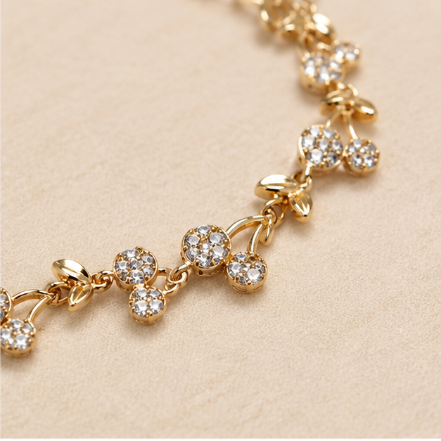 Pulsera Oro Laminado Cherry Bloom de Cerezas con Zirconias | Princess Magic