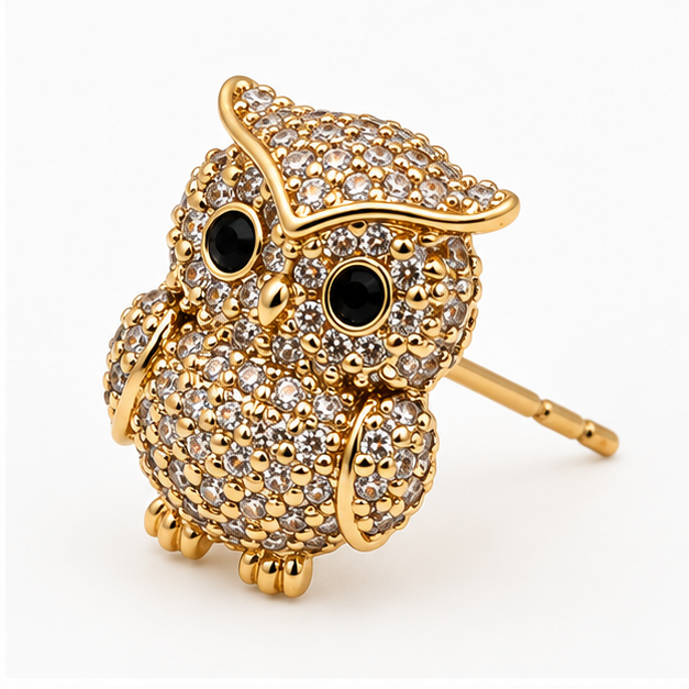 Aretes Broquel Oro Laminado Búho Imperial con Zirconias | Princess Magic