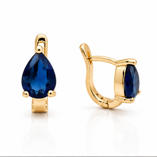 Aretes Huggie Gota Azul Zafiro Oro Laminado 18K | Princess Magic