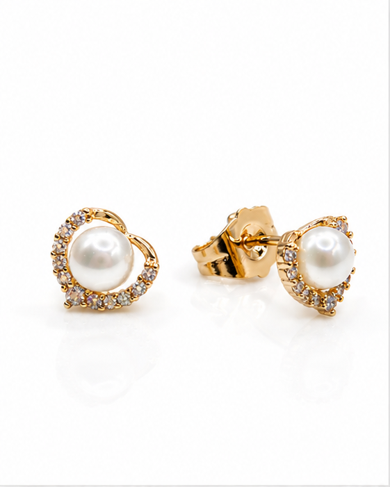 Aretes de Perla con Zirconias Oro Laminado 18K | Broquel Elegante | Princess Magic
