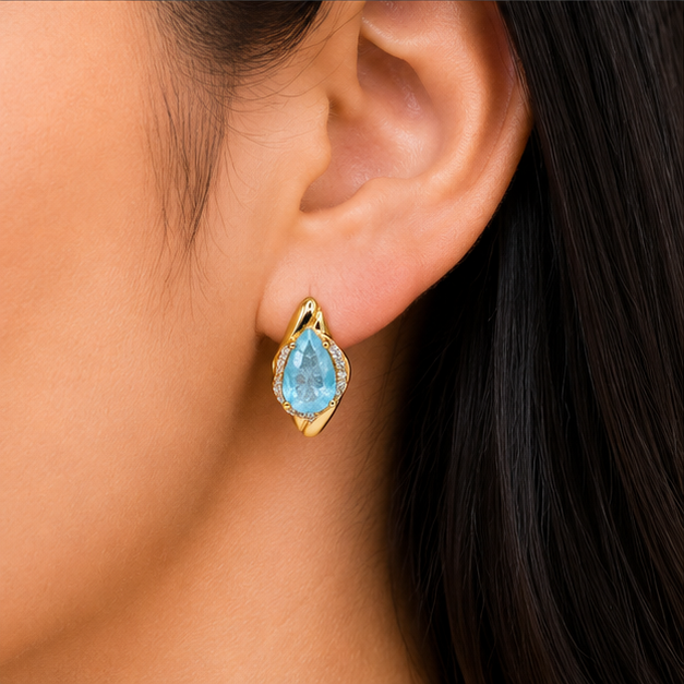 Arete con Piedra Azul Gota y Zirconias Oro Laminado | Princess Magic