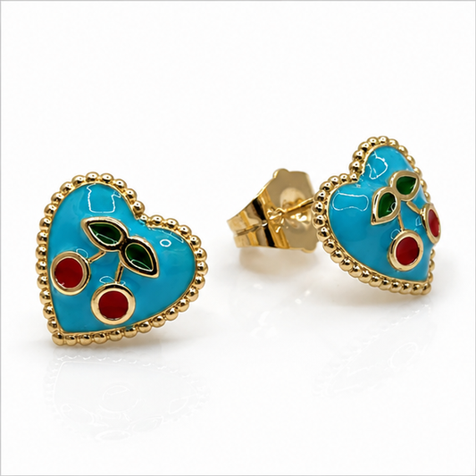 Arete Corazón con Cerezas Oro Laminado 18K | PrincessMagic