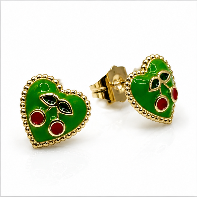 Arete Corazón con Cerezas Oro Laminado 18K | PrincessMagic