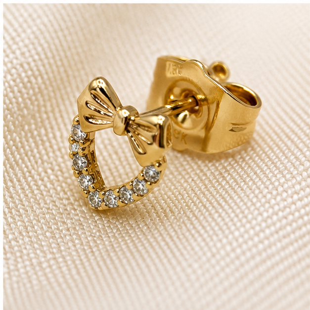 Arete Broquel Moño con Corazón de Zirconias Oro Laminado 18K | PrincessMagic