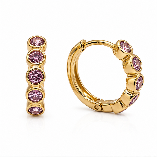 Aretes Huggie con Zirconias Rosa Oro Laminado 18K | Princess Magic