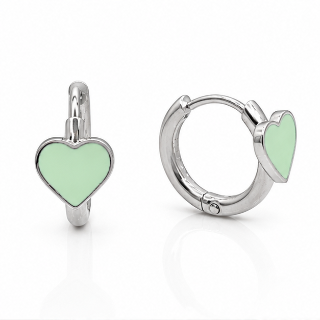 Arete Huggie Baby Corazón Verde Menta | Rodio Laminado