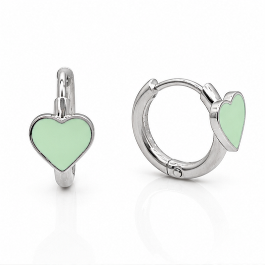 Arete Huggie Baby Corazón Verde Menta | Rodio Laminado