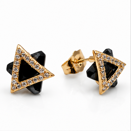 Arete Broquel Triángulo Negro con Zirconias | Oro Laminado