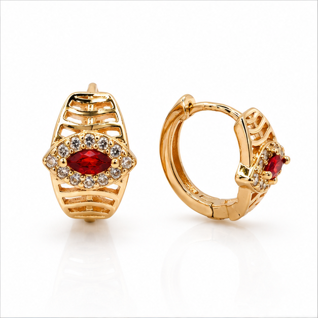 Aretes Ojo Turco Rojo con Zirconias Oro Laminado 18K | Princess Magic