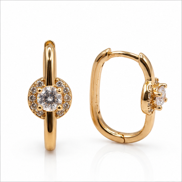 Aretes Huggie Solitario Halo de Zirconias Oro Laminado 18K | Princess Magic