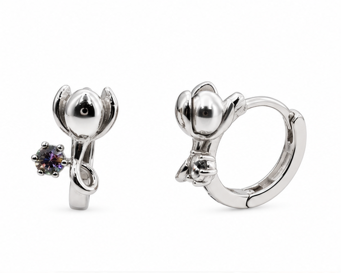 Arete Huggie Flor con Zirconia Laminado en Rodio | Princess Magic