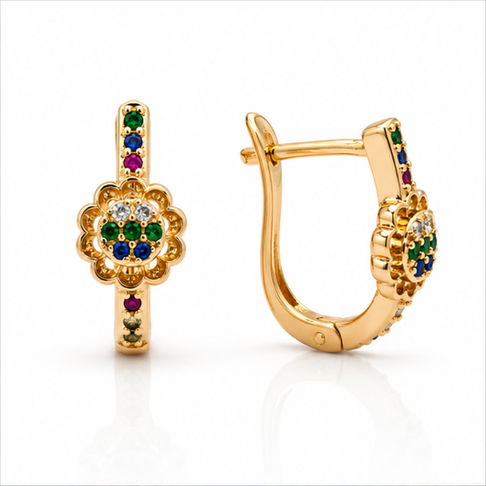 Aretes Flor Multicolor con Zirconias Oro Laminado 18K | Princess Magic