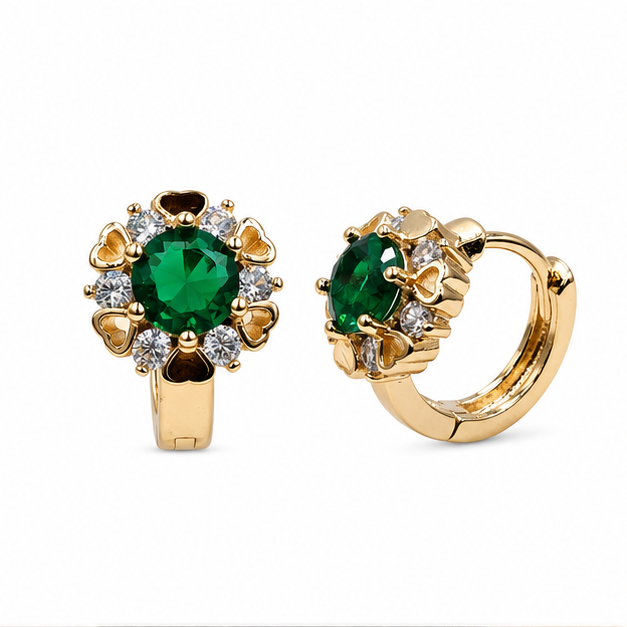Arete Huggie Flor con Zirconias Verdes Oro Laminado | Princess Magic