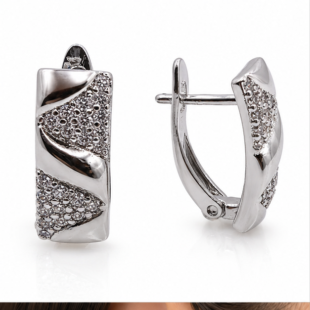 Aretes Rectangulares Laminado en Rodio con Microzirconias | Princess Magic
