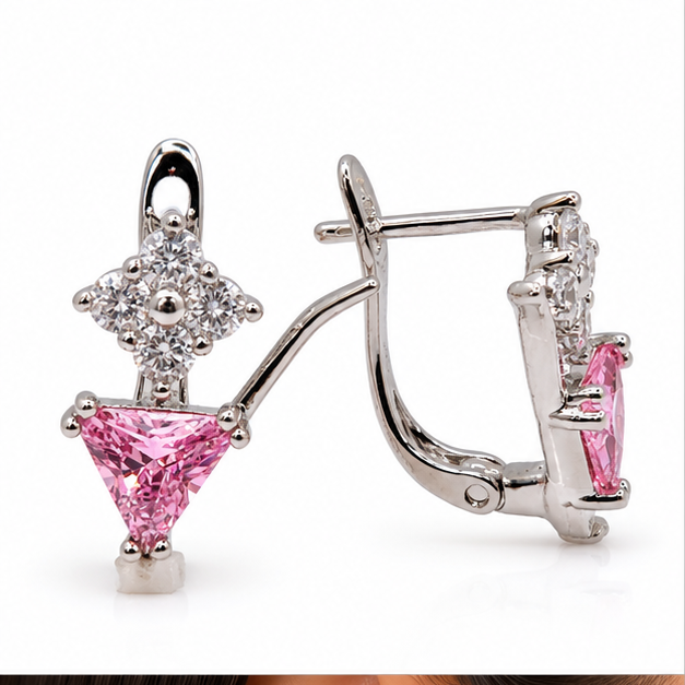 Arete con Flor y Zirconia Rosa Laminado en Rodio | Princess Magic