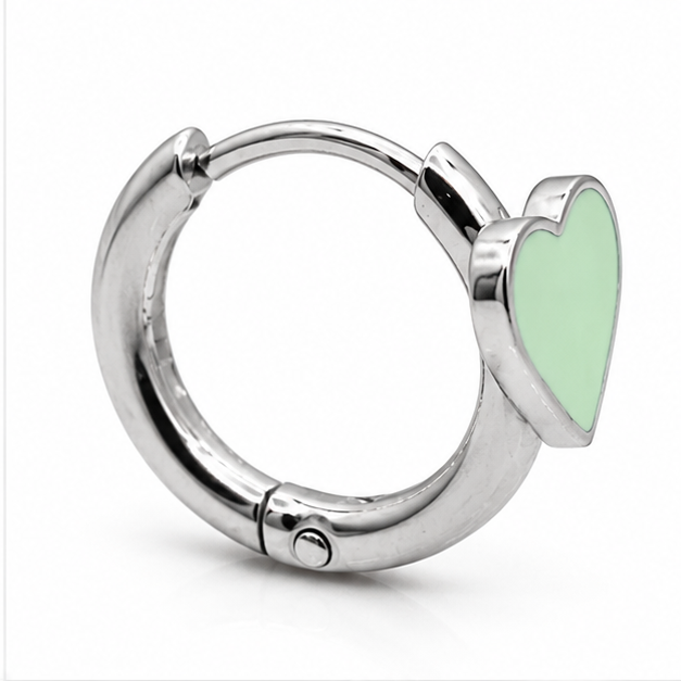 Arete Huggie Baby Corazón Verde Menta | Rodio Laminado