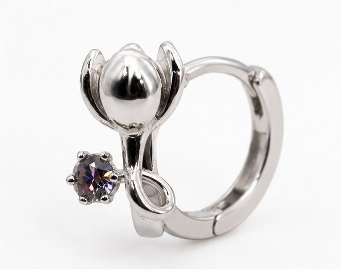 Arete Huggie Flor con Zirconia Laminado en Rodio | Princess Magic