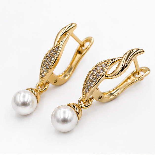 Arete Colgante con Perla y Zirconias Oro Laminado | Princess Magic