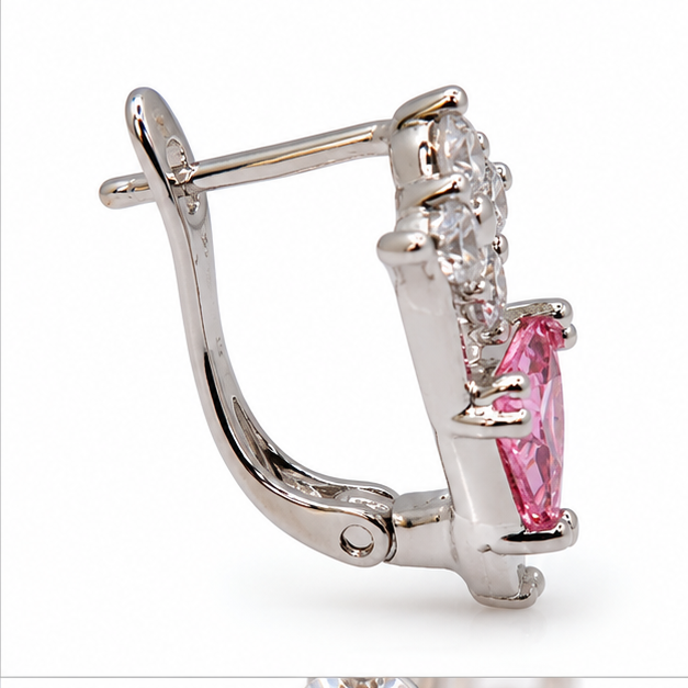 Arete con Flor y Zirconia Rosa Laminado en Rodio | Princess Magic