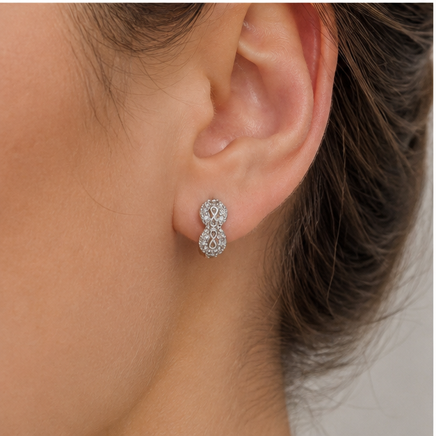 Arete Huggie Baby Doble Óvalo con Zirconias | Rodio Laminado