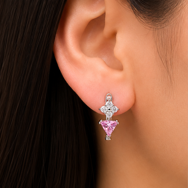 Arete con Flor y Zirconia Rosa Laminado en Rodio | Princess Magic