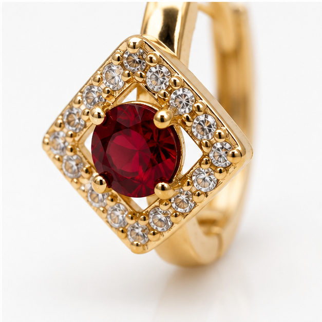 Arete Huggie Baby Cuadro con Zirconia Roja | Oro Laminado