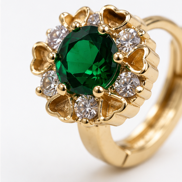 Arete Huggie Flor con Zirconias Verdes Oro Laminado | Princess Magic