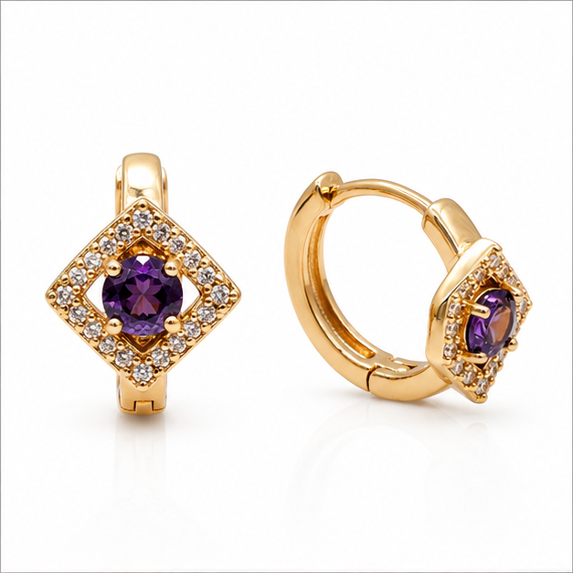 Aretes Huggie Baby Cuadro Morado con Zirconia Oro Laminado 18K | Princess Magic