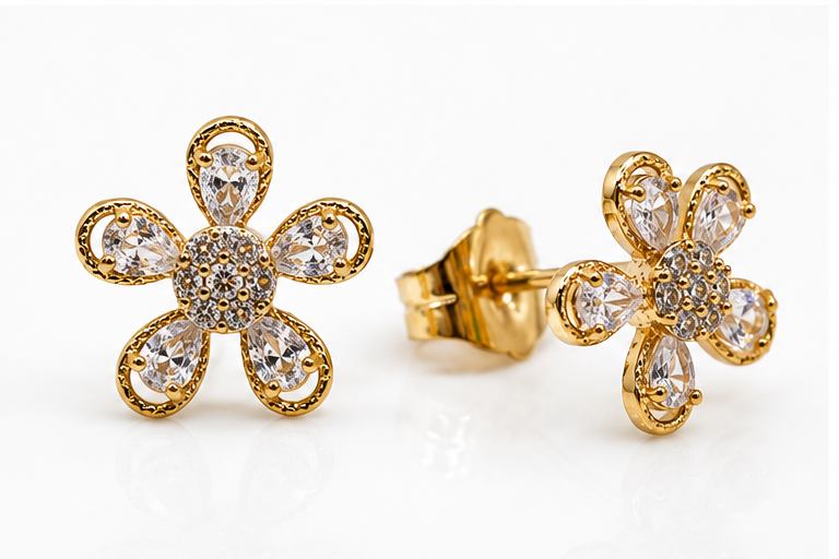 Arete Broquel Flor con Zirconia Oro Laminado | Princess Magic